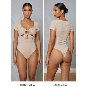 PrettyLittleThing 2 Stone Textured Jersey Tie Front Short Sleeve Bodysuit NWT